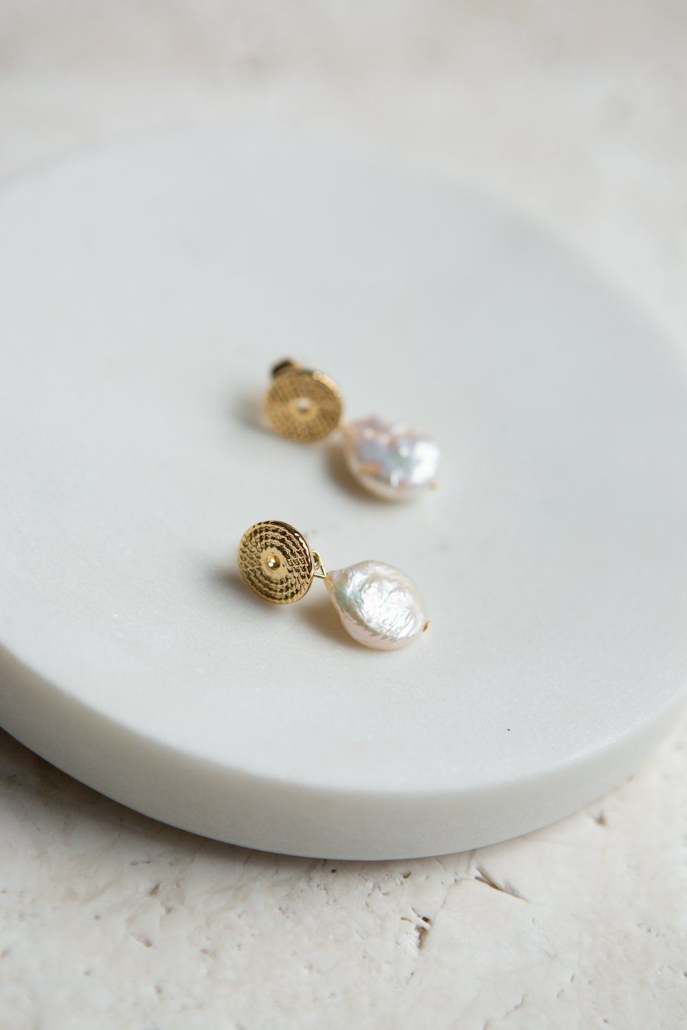 Gold Braid Disc Baroque Pearl Drop Earrings - Wynter Bloom