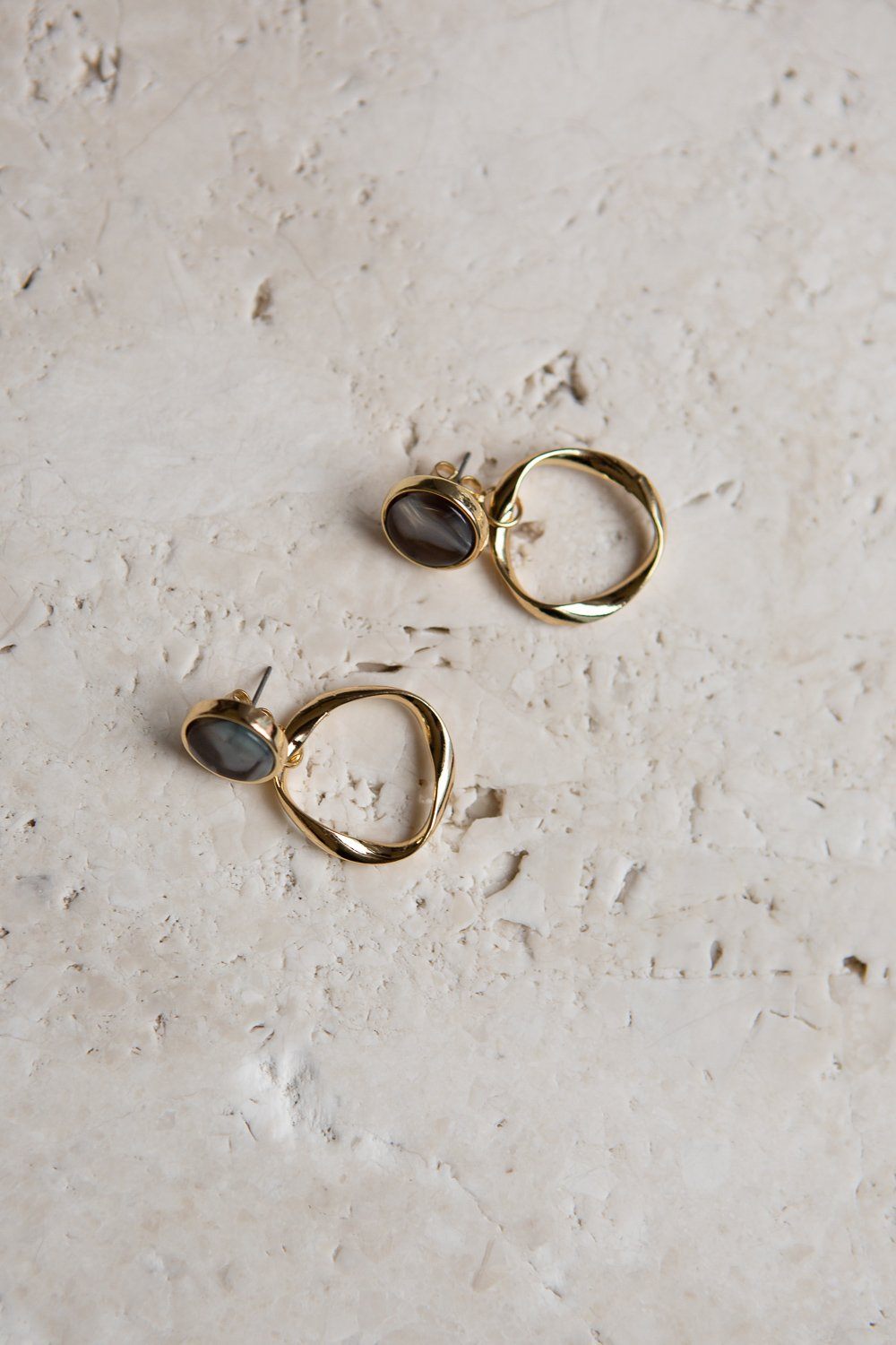 Gold Tone Drop Earrings with Blue Grey Pearlized Disc Accents - Wynter Bloom