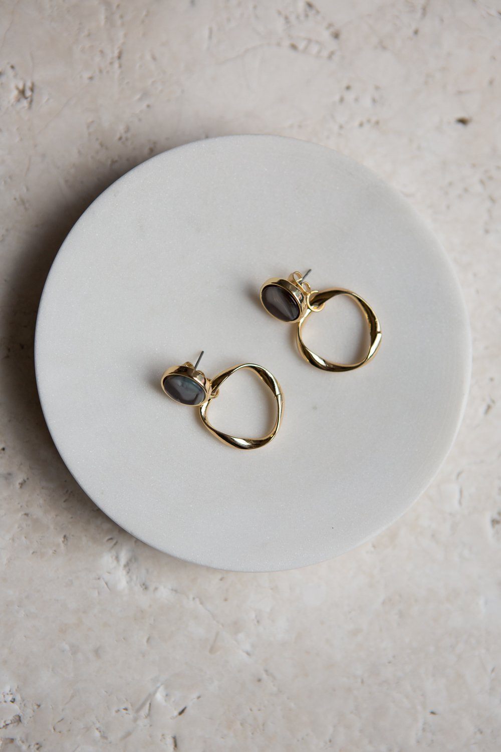 Gold Tone Drop Earrings with Blue Grey Pearlized Disc Accents - Wynter Bloom