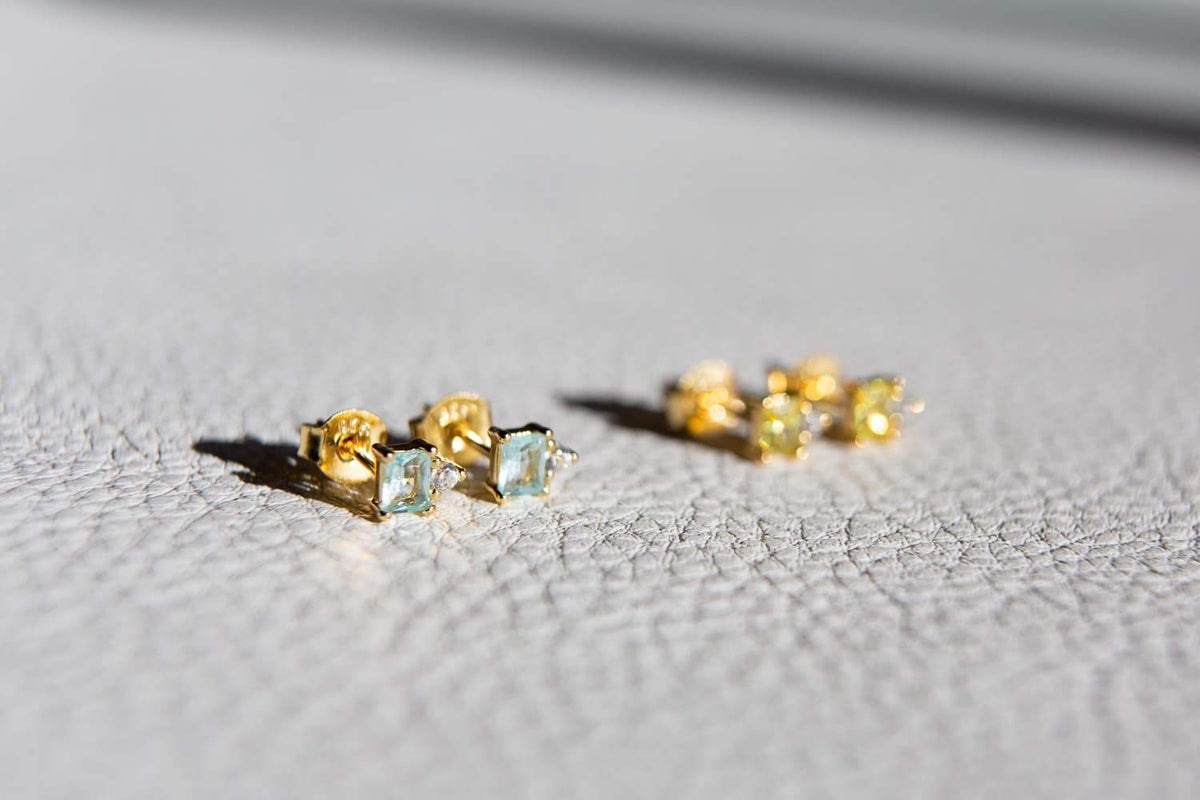 925 Sterling Silver Dainty Aquamarine Baguette Diamond Stud Earrings