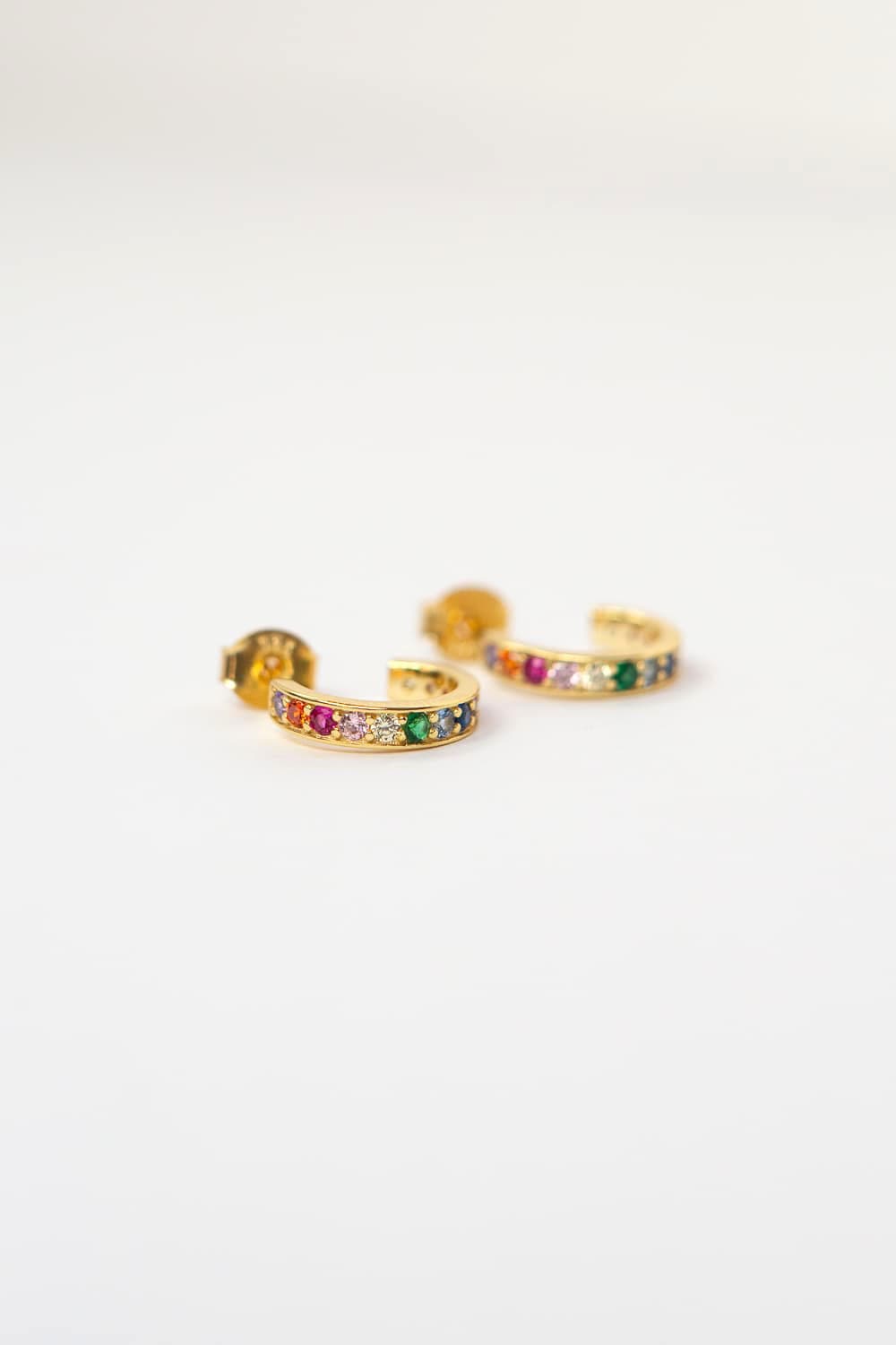 925 Sterling Silver Gold Rainbow CZ Flat Huggie Hoop